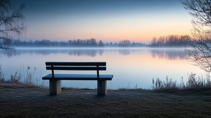 Obraz premium Solitary bench on a misty lakeside with soft reflections of trees fading into tranquil foggy ambiance