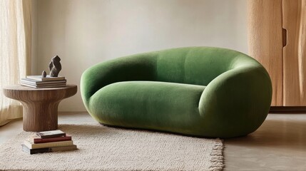 A lively green loveseat surrounded by minimal decor, a soft rug, and a modern side table with books and small sculptures.