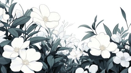 Elegant white flowers and green foliage in a minimalist botanical illustration