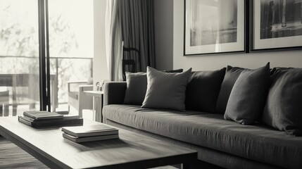A monochrome sofa with earthy throw pillows, paired with a clean wooden coffee table, creating a cozy and uncluttered vibe.