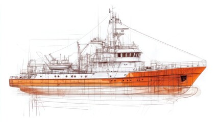 A technical illustration of a research vessel designed for scientific exploration at sea.