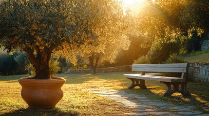 A scenic wide-angle view of an olive tree in a decorative pot near a long wooden bench, illuminated by golden light with subtle shadows.