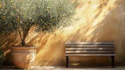 A decorative olive tree in a large pot, its branches gently swaying next to a wooden bench, with golden sunlight cascading over the bench.