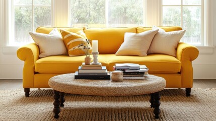 A sunny yellow loveseat with matching pillows, a natural jute rug, and an interesting coffee table centerpiece of books and small candles.