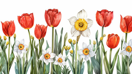 Fototapeta premium Red tulips and white daffodils on a bright spring day