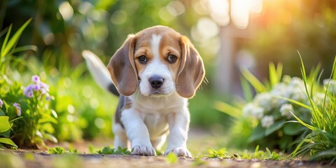 Small white beagle puppy exploring a garden for the first time with curiosity and excitement , puppy exploration , outdoor exploration