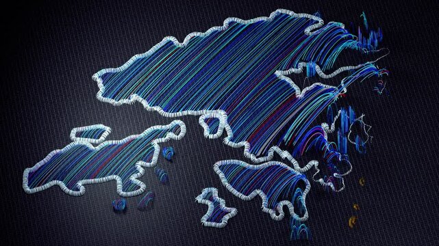 3D animation of an embroidered map of Hong Kong. The colorful threads and fabric are shown from various perspectives, with motion effects highlighting the details and the word Hong Kong.
