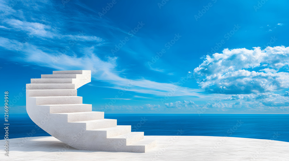 Poster a surreal white spiral staircase leads to a bright blue sky over a calm ocean, creating an ethereal 