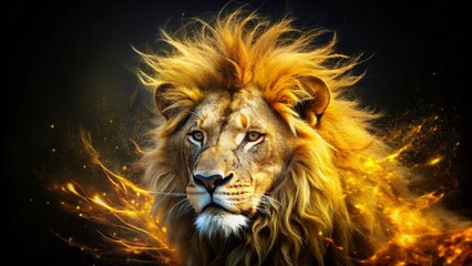 Naklejka premium Majestic Lion King Abstract Double Exposure - Black Background Stock Photo