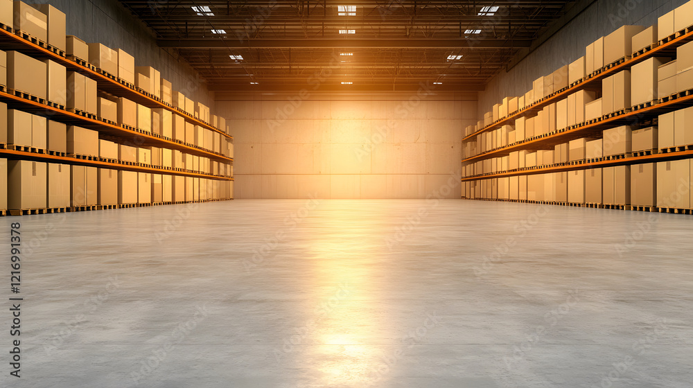 Poster a spacious warehouse interior with neatly stacked boxes on shelves, illuminated by warm light, creat