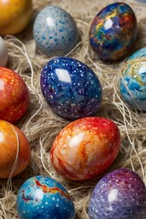 Fototapeta premium Colorful decorative eggs arranged on a bed of natural fibers for a festive spring celebration