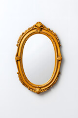 Golden mirror, front view, in the style of Baroque, isolated on white background
