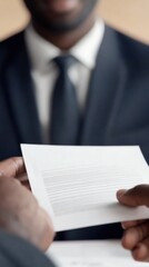 The image shows two business professionals exchanging a document, suggesting a formal or legal context. The focus is on the hands and document.