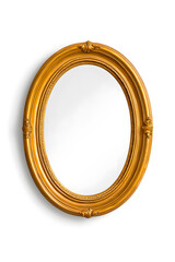 Golden mirror, front view, in the style of Baroque, isolated on white background