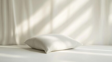 White pillow on white surface, sunlight, fabric backdrop, product display