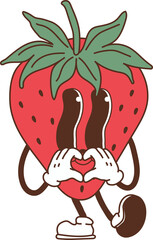A retro cartoon-style strawberry, designed as a romantic mascot character