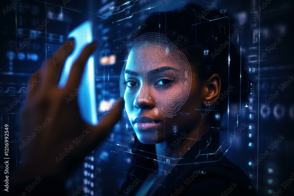 Poster programmer using smartphone performing facial recognition authentication on futuristic virtual inter