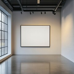 Minimalist Gallery Interior with Blank Frame and Natural Light