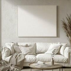 Modern Minimalist Living Room with Cozy Couch and Blank Wall Art