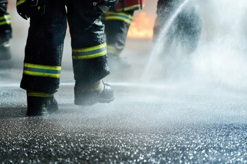 Obraz premium Group of firefighters standing next to a fire hydrant, ready for action