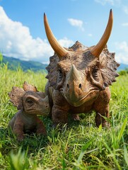Fototapeta premium Triceratops statues, hilltop, sunny day, family scene, nature backdrop, garden decor