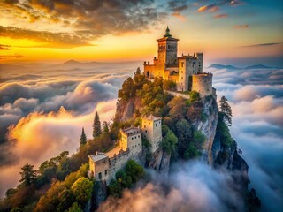 Obraz premium Majestic San Marino Castle Enveloped in Fog: Ancient Stone Fortress, Dramatic Landscape Photography