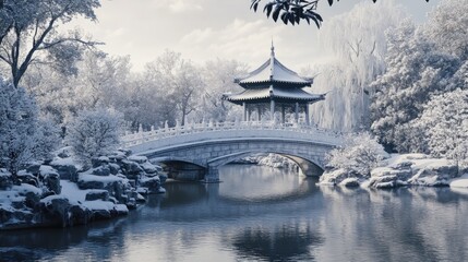 Obraz premium Sculptured 3D models showcasing ancient Chinese architecture and stone arch bridges, pavilions, and imperial palaces