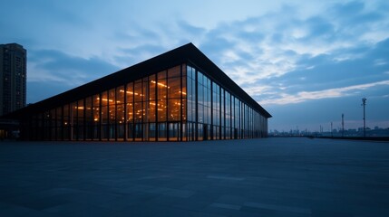 Fototapeta premium Modern architectural structure at dusk with illuminated interior and urban skyline backdrop