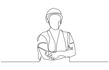 Continuous one line art drawing of female civil engineer vector illustration, Female construction worker. Continuous line style. Hand drawn. One line. Vector design. illustration.