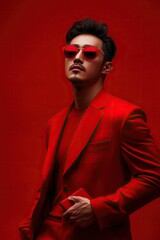 Obraz premium Confident Man Wearing Circular Sunglasses In Red Suit