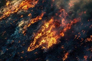 Aerial view of a fire burning in the middle of a field, with flames and smoke visible