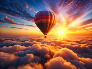 Obraz premium Majestic Sunrise Hot Air Balloon Soaring Above Clouds - Breathtaking Aerial View