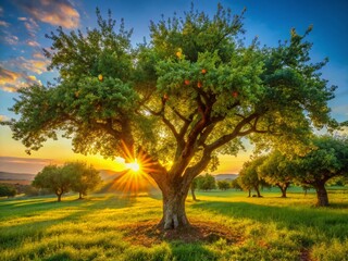 Majestic Sunrise Orchard: Ancient Tree Guards Bountiful Harvest
