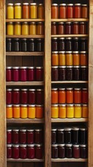 Colorful Jars of Preserves on Wooden Shelves, Market Stall, Food Storage