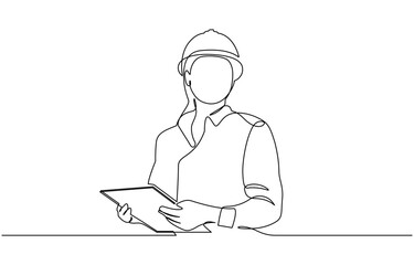 Continuous one line art drawing of female civil engineer vector illustration, Female construction worker. Continuous line style. Hand drawn. One line. Vector design. illustration.