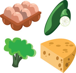 Fresh Ingredients: Eggs, Broccoli, Cucumber, and Cheese – Vector Illustration