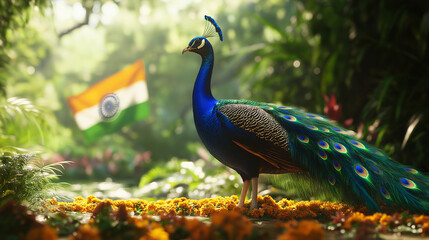 Obraz premium Majestic peacock with vibrant feathers and Indian flag in the background