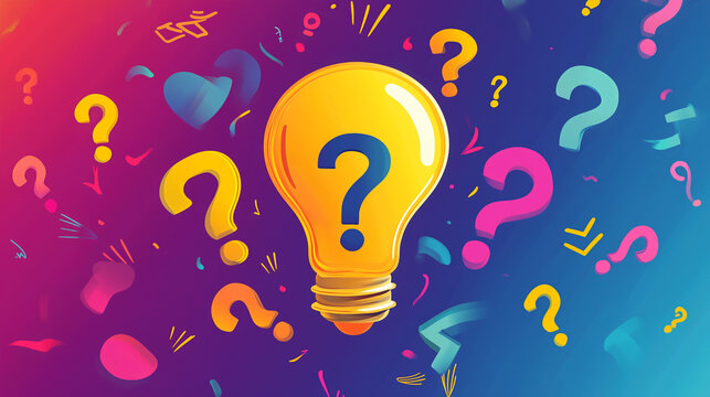 Light bulb surrounded by colorful question marks, symbolizing creativity and ideas, on a gradient background.