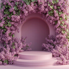 Pink podium for product presentation framed by lilac arch and floral decor