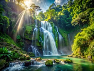 Fototapeta premium Majestic Waterfall of Seven Altars, Izabal, Guatemala - Lush Rainforest Landscape
