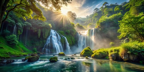 Majestic Waterfall Cascade in Lush Green Valley - Double Exposure Photography