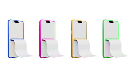 Pay money with mobile phone banking e billing concept on a isolated background. Easy bill payment transaction on the smartphone. Mobile phone and bill mock up. Blank screen phone and blank paper.