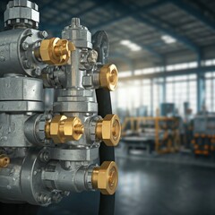 Obraz premium High-tech machinery close-up with metal valves, brass fittings, and hydraulic hoses in a modern factory. Space for text makes it ideal for manufacturing, automation, and industrial projects.