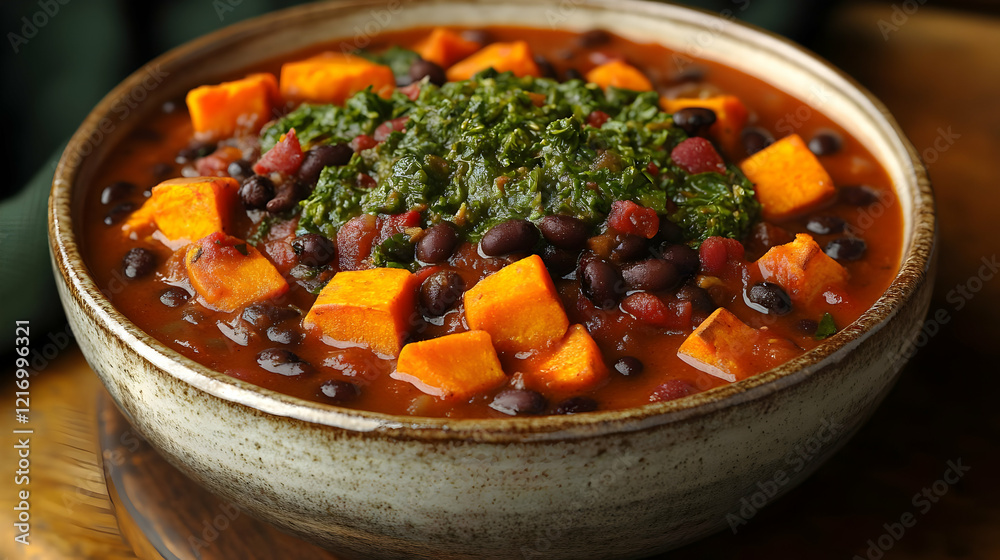 Wall mural Hearty Sweet Potato and Black Bean Chili with Kale Garnish