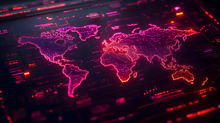 Glowing Digital World Map: Global Network Connections