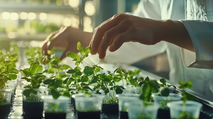 Hands tending to green plants in a modern greenhouse environment for sustainable agriculture