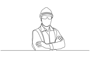 Single continuous line drawing of young construction worker, Engineers man in hard hat, worker with protective headphones on white background continuous one line drawing.
