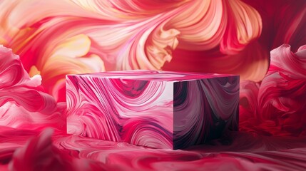Abstract art of a Valentine's box with swirling red and pink patterns, vivid expression, modern artistic approach