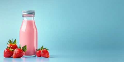 Cute Strawberry Pudding in Glass Bottle with Fresh Strawberries