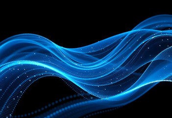 Obraz premium Abstract blue waves, flowing energy, glowing particles, dynamic motion, dark background, digital art, futuristic, ethereal, light trails, smooth curves, electric blue, neon accents, cosmic, fluid dyna